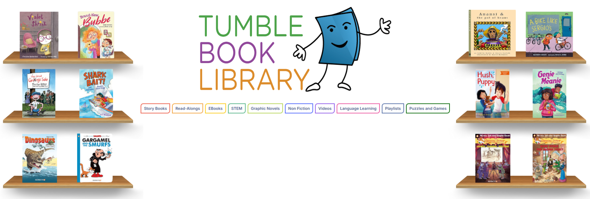 Tumblebooks logo and sample book covers on shelves